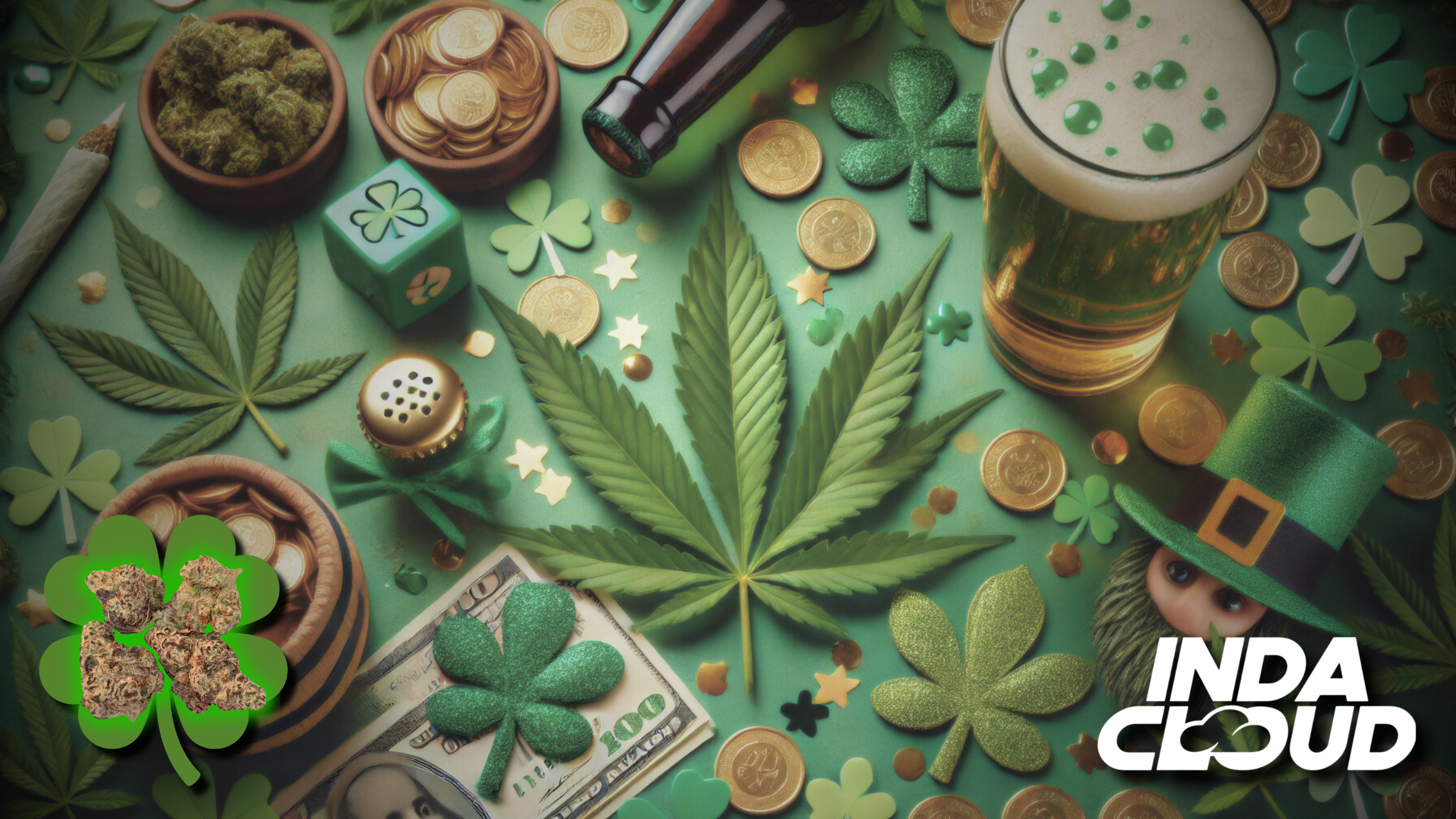 St. Patrick's Day-themed cannabis display with coins, beer, and shamrocks.