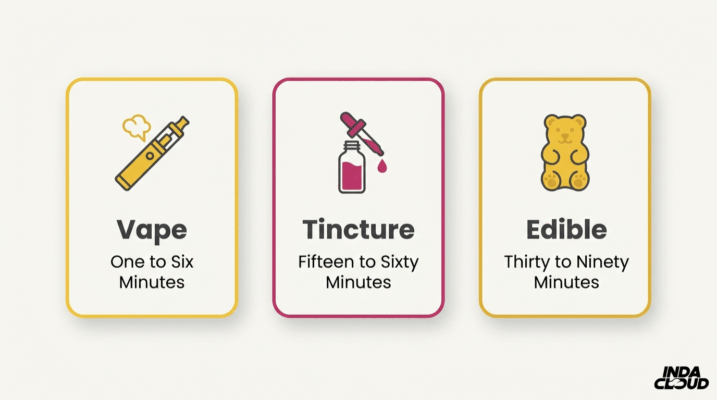 Delta 8 Onset Time: How Long Until You Feel It? 3 Delta 8 Delivery Method Comparison Chart Showing Vape Onset In One To Six Minutes, Tincture In Fifteen To Sixty Minutes, And Edibles In Thirty To Ninety Minutes