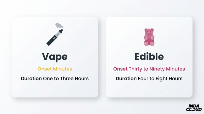 Delta 8 Onset Time: How Long Until You Feel It? 1 Delta 8 Vape Versus Edible Comparison Chart Showing Vape Onset In Minutes With One To Three Hour Duration And Edible Onset In Thirty To Ninety Minutes With Four To Eight Hour Duration