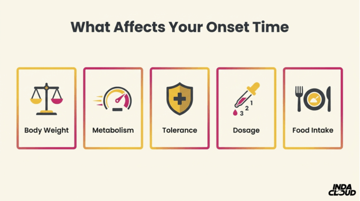 Delta 8 Onset Time: How Long Until You Feel It? 2 Factors Affecting Delta 8 Onset Time Infographic Showing Body Weight, Metabolism, Tolerance, Dosage, And Food Intake