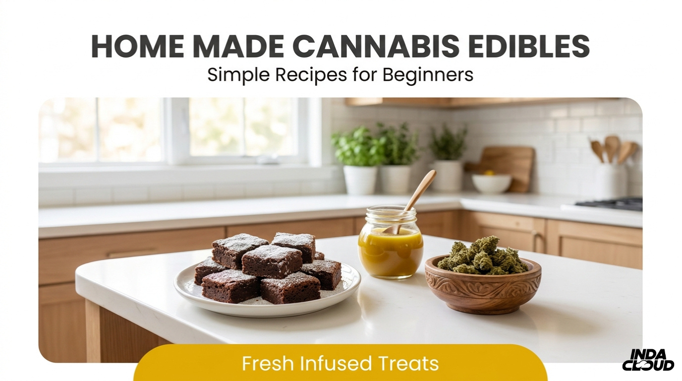 Homemade Cannabis Edibles Beginner Guide Showing Brownies, Infused Butter, And Cannabis Flower On A Kitchen Counter With Fresh Infused Treats