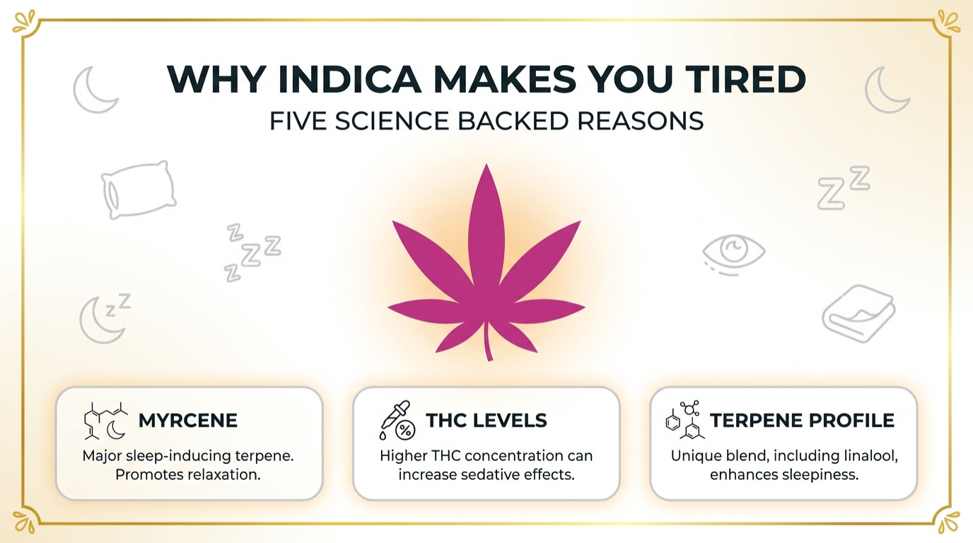 Does Indica Make You Tired? Here Are 5 Reasons For Its Effects 18 Why Indica Makes You Tired Infographic Showing Myrcene, Thc Levels, And Terpene Profile As Science Backed Reasons For Sleepiness