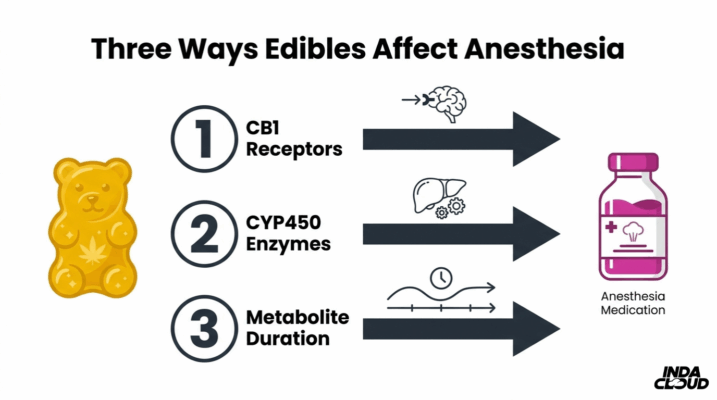 Edibles Before Surgery: How Long To Stop, Risks, And Safer Alternatives 1 Chart Showing Three Ways Cannabis Edibles Affect Anesthesia Through Cb1 Receptors, Cyp450 Enzymes, And Metabolite Duration